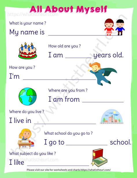 All About Myself Worksheet for KG, UKG and Little kids - Your Home Teacher Teaching Methods For Kids, About Myself Worksheet For Kids, My Self Worksheets For Kids, About Myself Worksheet, All About Myself, About Me Worksheet, Me Worksheet, Test For Kids, All About Me Worksheet