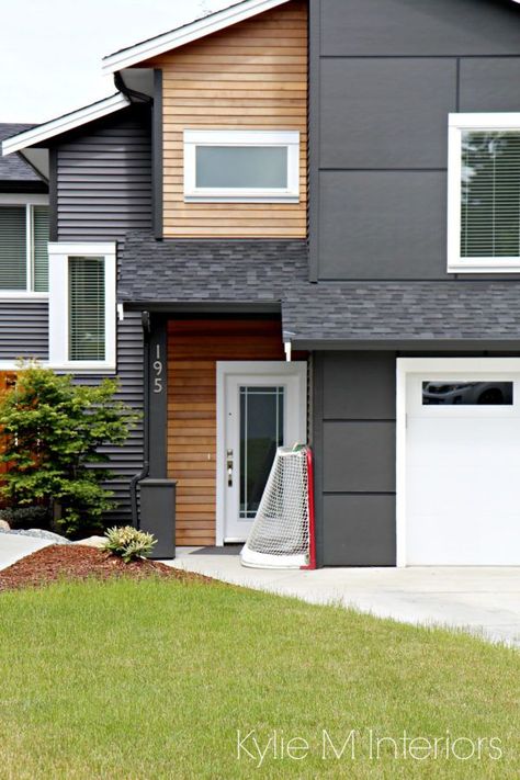 Exterior home in vinyl siding iron ore with hardi panels and cedar shiplap style panelling. Kylie M INteriors edecor and online decorating and color services Acrylic Stucco Exterior, Siding Panels Exterior, Cement Siding Exterior, Cedar Shiplap, Modern Siding, Exterior Home Design, Cedar Siding, Metal Siding, Exterior Home