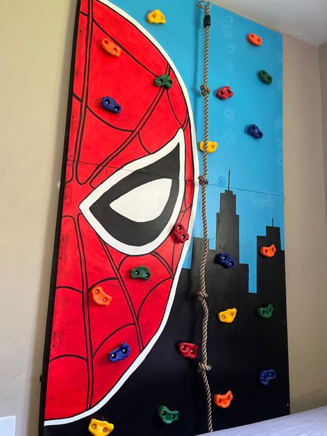 Diy Rock Wall For Kids, Rock Climbing Wall For Kids, Diy Rock Wall, Diy Rock Climbing Wall, Marvel Boys Bedroom, Spiderman Room Ideas, Climbing Wall For Kids, Spiderman Room Decor, Spiderman Bedroom