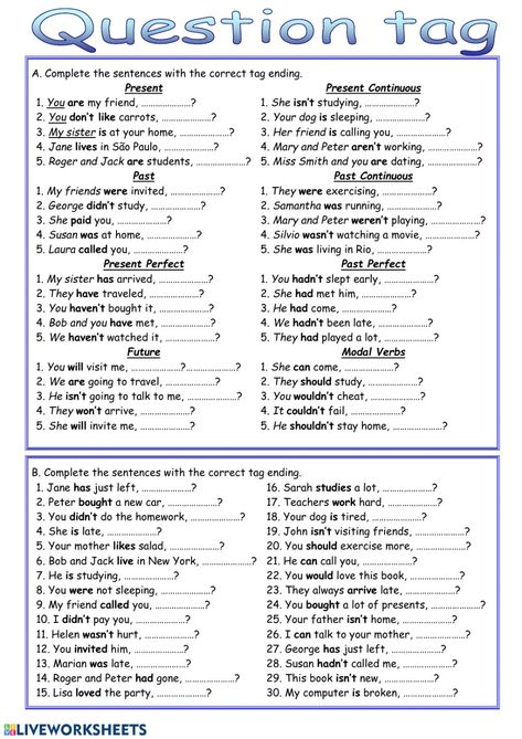 Question tags worksheet by dujicka Grade 8 Worksheets English, Grade 8 English Worksheets Grammar Lessons, Question Tags Worksheet With Answers, Grade 10 English Worksheets, Question Tags Grammar, Tag Questions Grammar, Grade 8 English Worksheets, Tag Questions Worksheets, Question Tags Worksheet