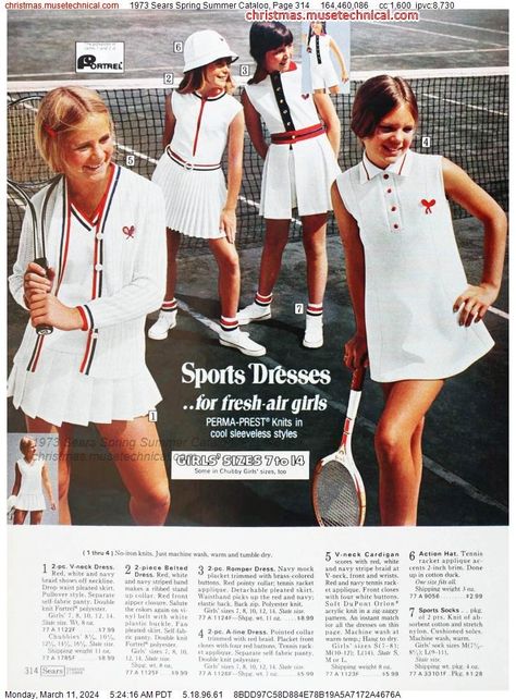 1973 Sears Spring Summer Catalog, Page 314 - Catalogs & Wishbooks 70s Sports Fashion, Golf Women, Tennis Fashion, Fashion Marketing, Sports Fashion, Sport Dress, V Neck Cardigan, Romper Dress, Navy Dress