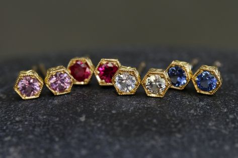 22K Recycled Gold Hexagonal Bezel Set Posts with Ethically Sourced Pink Sapphires, Rubies, White Sapphires and Blue Sapphires // #CWwishlist #handmadejewelry #recycledmetal #fairtradestones #ethicallysourceddiamonds #cathywaterman #earring #wedding #diamond #gold #22K Second Stud, Cathy Waterman Jewelry, Wedding Diamond, Earring Wedding, Cathy Waterman, Colored Stone, Daisy Earrings, Gold Earrings Designs, Ear Rings