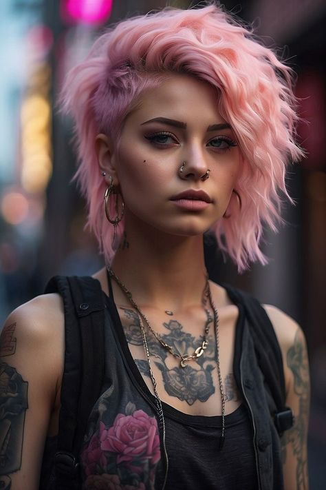 Funky Wavy Haircuts, Punk Haircut Women, Punk Prom Hair, Fixing Short Hair Ideas, Womens Punk Hair, Fashion Color Pixie Hair, Short Pink Hairstyles, Punk Hair Styles Women, Street Makeup Look