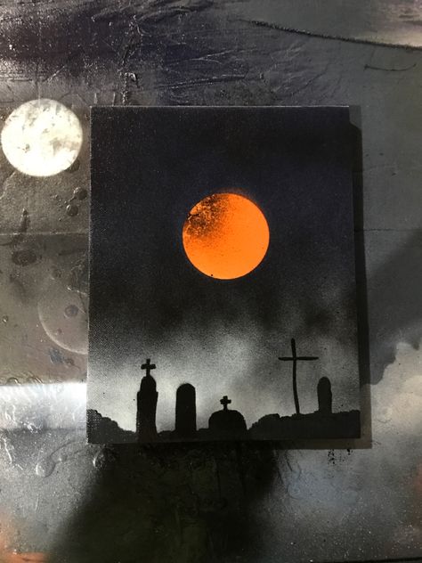 Spooky Canvas Painting Ideas Cute, Halloween Spray Paint Art, Simple Bat Painting, Halloween Paintings On Canvas Aesthetic, Painting Ideas Halloween Canvas, Boo Painting On Canvas, Halloween Night Sky Painting, Halloween Acrylic Painting Ideas Step By Step, Spooky Sky Painting