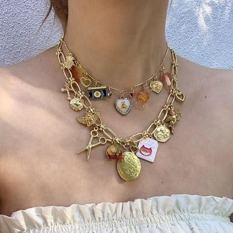 Vintage handmade dead stock charms necklace,... - Depop Stacked Charm Necklace, Vintage Gold Charm Necklace, Charm Necklace Vintage, Big Charm Necklace, Aesthetic Charm Necklace, Antique Gold Charm Necklace, Multi Charm Necklace, Charm Necklace Outfit, Custom Charm Necklace