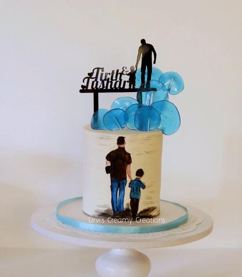 father and son birthday cake . the cake inside is a moist vanilla cake filled with butter cream white chocolate and cherry compote. frosted in white chocolate ganache . image of father and son walking was free hand paint on ganache. adorn with a... Father And Son Birthday Cake, Birthday Cake For Papa, Birthday Cake For Son, Baby Cake Design, Birthday Cake For Father, Happy Fathers Day Cake, Anniversary Cake Designs, Fondant Cakes Birthday, Make Birthday Cake