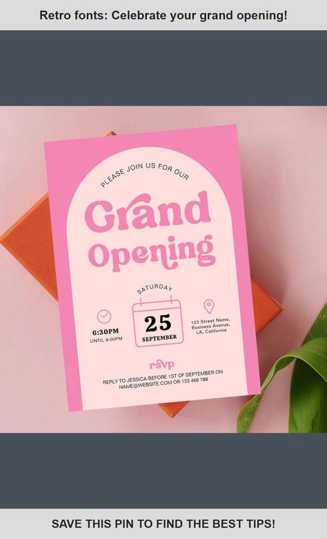 Pink & orange Grand Opening birthday card, next to a plant Pink Event Design, Grand Opening Graphic Design, Grand Opening Flyer Ideas, Event Details Design, Small Business Grand Opening Ideas, Brand Event Invitation, Grand Opening Event Ideas, Influencer Invitation, Flyer Design Aesthetic