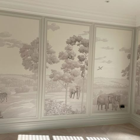 French Wall Molding Wallpaper, Wallpaper Panels Nursery, Nursery With Angled Ceiling, Nursery With Mural, Painting Kids Room Ideas, Aesthetic Nursery Room, Classy Nursery, Neutral Nursery Wallpaper, Nursery Wallpaper Ideas