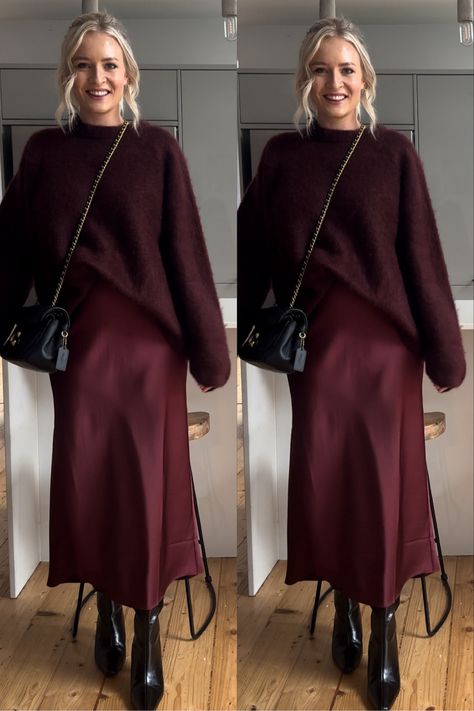 Classy Women Outfits Winter, Gold Skirt Christmas Outfit, Christmas Colors Outfit Ideas For Women, Monochrome Satin Skirt Outfit, Cranberry Skirt Outfit, Lavender Slip Dress Outfit, Christmas Velvet Outfit, Burgundy Pleated Skirt Outfits Winter, Work Outfits Women Hourglass Shape