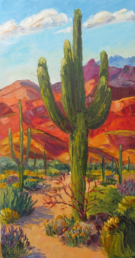 Desert Paintings, Desert Landscape Painting, Cactus Paintings, نباتات منزلية, Cactus Painting, Southwestern Art, Painting Competition, Canvas For Beginners, Arte Van Gogh