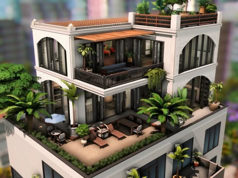 The Sims Resource - Luxury Penthouse (NO CC) Sims 4 Penthouse Ideas, Penthouse Sims 4, Penthouse Exterior, Sims 4 Villa, Sims 4 Penthouse, Sims 4 Loft, Fancy Apartment, Penthouse Ideas, Sims Lots