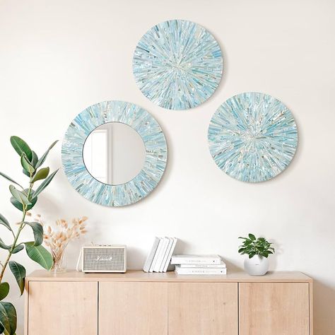 Amazon.com: Natural Mother of Pearl Mirror Wall Decor for Living Room, 3PCS Handmade Coastal Wall Plates Art Bedroom Bathroom Decoration, Ocean Beach Wall Hanging Sculptures Decor for Home Office Holiday Hotel : Home & Kitchen Coastal Living Rooms Ideas, Mother Of Pearl Mirror, Pearl Mirror, Gold Metal Wall Art, Beach Wall Hanging, Living Room Blue, Coastal Farmhouse Decor, Holiday Hotel, Room Blue