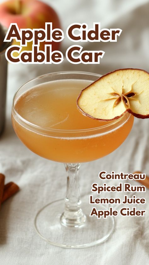 Apple Cider Cable Car Cocktail Rum Apple Cider Cocktail, Apple Cider Spiced Rum Cocktail, Yogurt Buffalo Chicken Dip, Apple Cider Cocktail Recipes, Fall Rum Cocktails, Interesting Cocktail Recipes, Chicken Dip Recipes, Hot Wing Dip, Drink Ideas Alcoholic