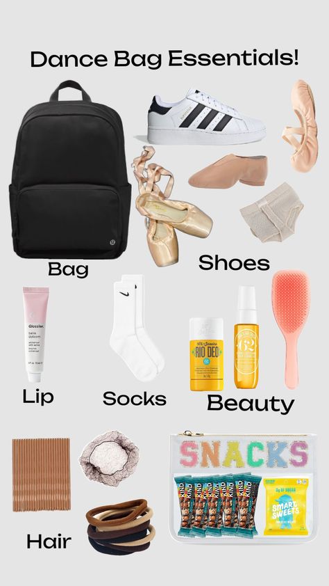 What’s In My Bag Dance, What Is In My Dance Bag, What To Have In Your Dance Bag, Dance Essentials Bags, Ballet Essentials Dance Bags, Dance Stuff Aesthetic, What To Put In Dance Bag, Ballet Bag Essentials List, Dance Bag Organization