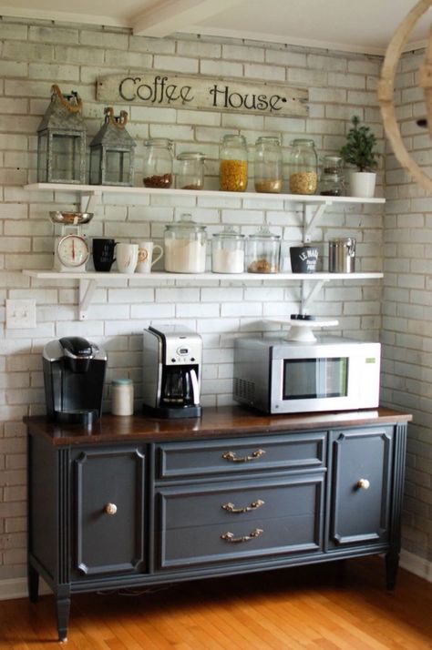 30+ Stylish Home Coffee Bar Ideas (Stunning Pictures Included) – Cats and Canines Coffee Blog Baie Vintage, Dapur Rustic, Bar Buffet, Diy Coffee Bar, Coffee Bar Design, Home Coffee Stations, Kabinet Dapur, Design Café, Kitchen Buffet