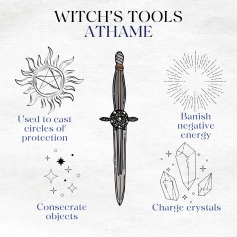 An Athame is traditionally a black-handled, double-edged knife that is used in Witchcraft & Wiccan practices. It is a ceremonial tool that is used to represent the element of Fire or Air depending on your practice. The Athame is used to draw energy, power, and protection from the Universe. It’s used to cast circles, invoking the pentagram, It is also used to cut through negative energy and purify space. #witchcraft #witch #witchesofinstagram #pagan #wicca #magic #witchyvibes #magick #witche... Wiccan Practices, Witch Reference, Wicca Pentagram, Witch Pentagram, Element Of Fire, Witch Tools, The Pentagram, Charge Crystals, Wiccan Magic