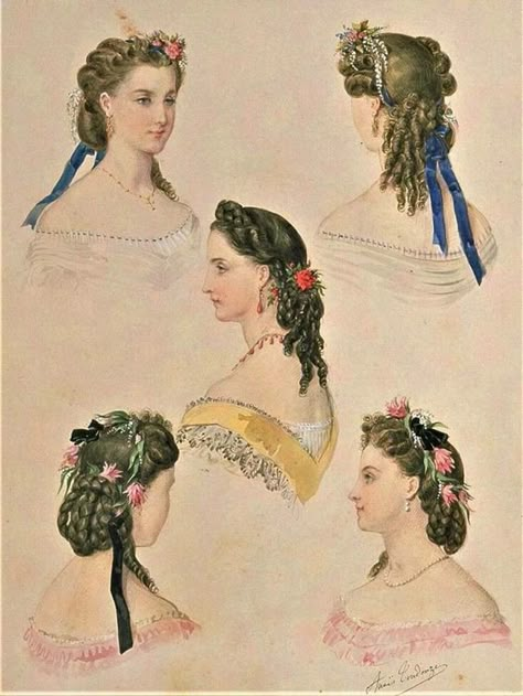 Early Victorian Hairstyles, 1865 Fashion Plate, 1860s Womens Fashion, 1865 Hairstyles, 1860s Fashion Plates, Victorian Hair Accessories, 19th Century Fashion Women, 1860 Hairstyles, 1860s Hairstyles