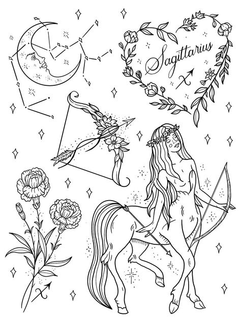 Sagittarius Flash Tattoo, Zodiac Signs Coloring Pages, Mythology Doodles, Astrology Coloring Pages, Sagittarius Drawing, Tarot Coloring Pages, Cat Kingston, Kingston Tattoo, Sagittarius Tattoo Designs