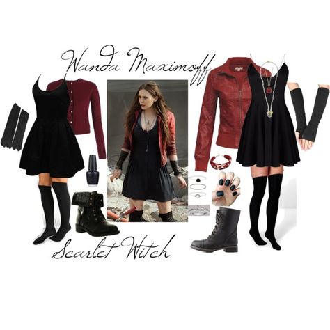 Scarlet Witch Casual Outfit, Aou Wanda Outfit, Disneybound Scarlet Witch, Marvel Character Outfits, Simple Marvel Costumes, Wanda Disneybound, Huffle Puff Outfits, Scarlett Witch Outfit, Casual Cosplay Disney