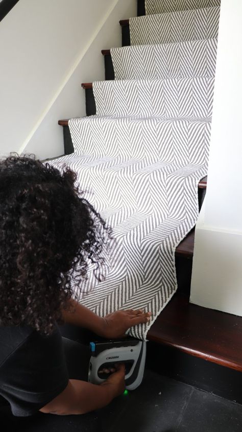 How to DIY a Stair Runner | Rugs USA | The Roll-Out Rugs On Steps, Diy Carpeted Stairs Makeover, Rental Friendly Stair Runner, Affordable Stair Runner, Temporary Stair Runner, Diy Stair Carpet Runner, Ikea Stair Runner Hack, Staircase With Runner, Diy Stair Treads