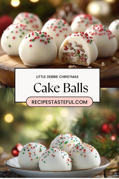 Little Debbie Christmas Cake Balls are a festive and delightful treat, made by mixing crumbled vanilla Christmas Tree Cakes with creamy cheese, then coating them in white candy melts and decorating with colorful sprinkles. These sweet, bite-sized delights are perfect for holiday gatherings and will bring extra cheer to your dessert table this season! Christmas Cookie Cake Balls, Little Debbie Christmas Tree Cakes Balls, Christmas Candy Desserts, Holiday Cake Balls Christmas, Cake Balls Recipe Christmas, Christmas Cake Bites, Little Debbie Christmas Tree Balls, Little Debbie Christmas Cake Balls, Candy Melts Ideas Christmas