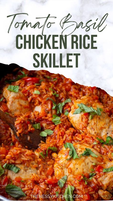 Ready in under an hour, this cooks entirely in one pan and is packed with flavor. Tender chicken is cooked along with a fluffy tomato basil rice for a weeknight dinner that the whole family will love. Tomato Basil Chicken And Rice, Chicken Rice Tomato Recipes, Tomato Chicken And Rice, Chicken And Tomato Recipes, Tomato Basil Rice, One Pan Chicken And Rice, Chicken And Rice Skillet, Basil Rice, Chicken Recipes With Tomatoes