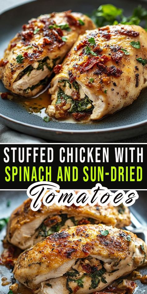 Delight your taste buds with this Stuffed Chicken with Spinach and Sun-Dried Tomatoes 🍗! Juicy chicken breast filled with creamy spinach and flavorful sun-dried tomatoes, perfect for a quick dinner or special occasion. #StuffedChicken #HealthyDinner #SpinachAndTomatoes #ChickenRecipes #EasyDinners #FamilyMeals Stuffed Chicken With Spinach, Healthy Baked Chicken Breast Recipes, Chicken Dinner Party Recipes, Tomato Recipes Healthy, Healthy Stuffed Chicken, Low Calorie Chicken Recipes, Healthy Baked Chicken Breast, Spinach Stuffed Chicken Breast Recipes, Sundried Tomato Recipes