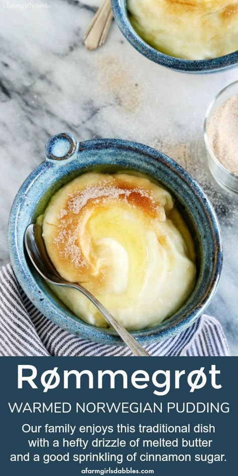 Rømmegrøt (Norwegian pudding) Norwegian Desserts Easy, Norwegian Traditional Food, Whole Milk Dessert Recipes, Scandinavian Recipes Traditional, Authentic Norwegian Recipes, Norwegian Desserts Traditional, Norwegian Pudding, Norwegian Recipes Traditional, Whole Milk Recipes