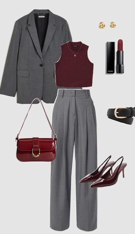 Gray Clothes Aesthetic, Grey Suit Women Outfit, Red Gray Aesthetic, Gray And Red Aesthetic, Gray Pants Outfits Women, Grey And Red Outfits, Gray And Red Outfit, Red And Gray Outfit, Gray Suit Women