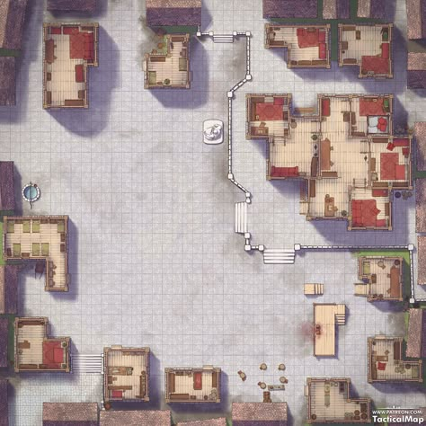 The spacious square is perfect for a major decisive battle in the city center. Be careful, rumor has it that the mayor has scrolls of mass defeat spells! If you like this battle map, check my Patreon. https://www.patreon.com/tacticalmap Dnd Battle Maps, Pen And Paper Games, Fantasy City Map, Building Map, Dnd World Map, Architecture Drawing Sketchbooks, Dnd World, Battle Map, Tabletop Rpg Maps