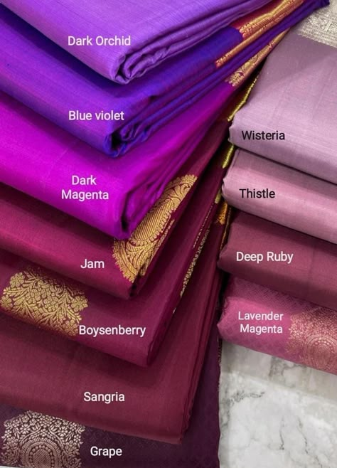 Kanjivaram Pure Silk Sarees new colors Unique Pattu Saree Colors, Indian Traditional Color Palette, Kanakambaram Color Saree, Purple Color Names, Colour Shade Card, Color Names Chart, Saree Color Combinations, Color Knowledge, Kanjivaram Sarees Silk