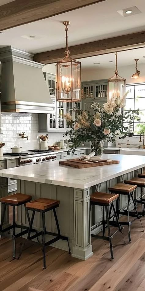 Open Dinner Room, Island In Kitchen With Seating, Kitchen Island With Decorative Post, Super Long Kitchen Island, Seated Island Kitchen, Kitchen Colonial Style, Beautiful Farmhouse Kitchens, Island With Chairs On Both Sides, Farmhouse Kitchen With Large Island