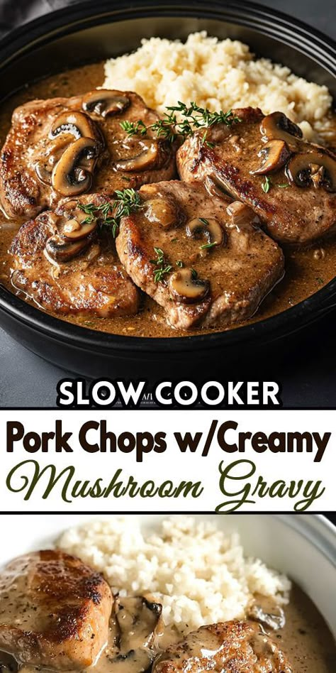 🍲🥩 These Slow Cooker Pork Chops are melt-in-your-mouth tender! With a savory sauce and juicy pork, this is a simple set-it-and-forget-it meal. Perfect for any night of the week! 🙌 👉 Save for your next family dinner! #PorkChops #SlowCookerRecipes #EasyDinners #FamilyMeal #ComfortFood #HomeCooking Slow Cooker Meals Pork, Golden Mushroom Pork Chops Crock Pot, Smothered Bone In Pork Chops Crock Pot, Slow Cooker Mushroom Pork Chops, Slower Cooker Pork Chops, Thick Pork Chops In The Crock Pot, Pork Chop Recipes Gravy, Slow Cooker Pork Chops With Potatoes And Onions, Brown Gravy Pork Chops Crock Pots