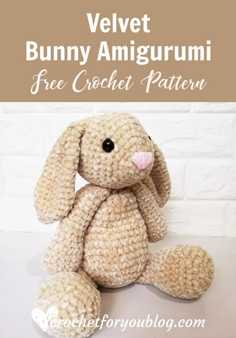 Velvet Bunny Amigurumi Free Crochet Pattern - Crochet For You #crochetforyoublog #bunny #bunnyamigurumi #crochet #freecrochetpatterns #easter Velvet Bunny Amigurumi Free Crochet Pattern, Crochet Bernat Velvet, Velveteen Rabbit Crochet Pattern, Crochet Velvet Animals Free Patterns, Long Ear Bunny Amigurumi Free Pattern, Crochet Projects Velvet Yarn, Bernat Velvet Crochet Patterns, Amigurumi Free Pattern Rabbit, Velvet Bunny Crochet Pattern