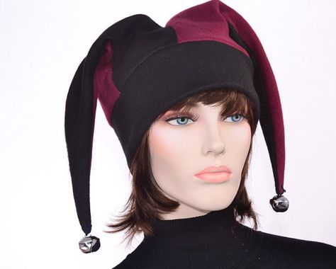 Traditional Jester Cap Harlequin Jester Hat Maroon Black Fool Hat - Fleece Mens Hat Womens Hat Bells 30.00 Jester Outfit, Accessories Png, Jester Costume, Clown Hat, Jester Hat, Mens Hat, Womens Hat, Epic Cosplay, Punk Art