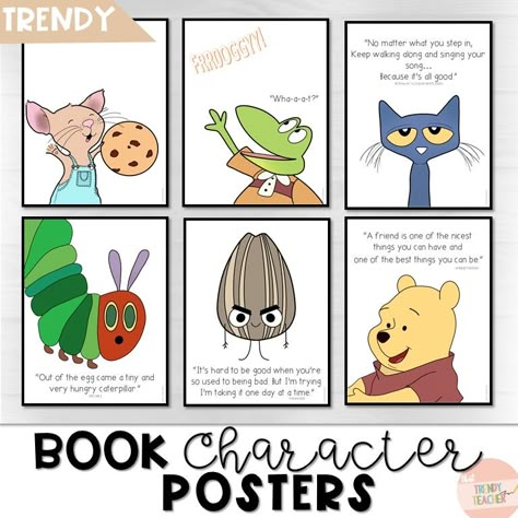 These TRENDY book posters are a must in your classroom library! I'm very pleased to share my book character posters! Included: 12 book character posters basic 8.5x11 12 book character posters w/ quotes 8.5x11 12 book character posters basic (black borders) 8.5x8.5 12 book character posters w/ quotes (black borders) 8.5x8.5 Book Character Mural, Book Character Posters, Preschool Reading Corner, Library Murals, Library Clipart, Book Chair, W Quotes, Black Borders, Children's Book Characters