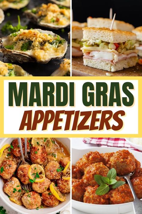 Celebrate Fat Tuesday with these Mardi Gras appetizers! From dips to cheese balls to oysters, have your very own New Orleans-style party with these tasty bites. Mardi Gras Snacks Appetizers, Mardi Gras Food Appetizers, Fat Tuesday Recipes, Mardi Gras Snacks, Mardi Gras Recipes Easy, Mardi Gras Appetizers, Fat Tuesday Food, Cajun Appetizers, Mardi Gras Party Food