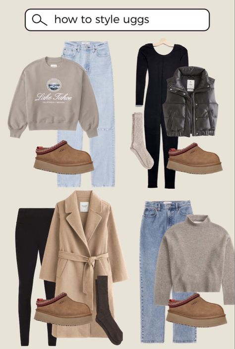 Ugg Classic Outfit, How To Wear Ugg Tazz, Ugg Casual Outfit, Uggs Outfit Slippers, Ugg Tazz Platform Slippers Outfit, Outfit Ideas Ugg Tasman, Ugg Tazz Slippers Outfits, Ugg Tazz Outfit Ideas Winter, Ugh Tazz Outfits