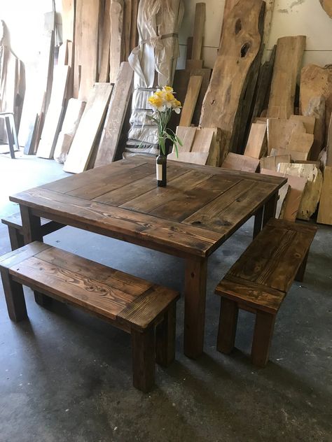 Farmhouse Dining Room Table Square, Square Rustic Dining Table, Square Farmhouse Table For 8, Homemade Wood Table, Farmtable Benches, Square Farmhouse Dining Table, Diy Kitchen Table With Bench, Homemade Farmhouse Table, Square Wooden Dining Table