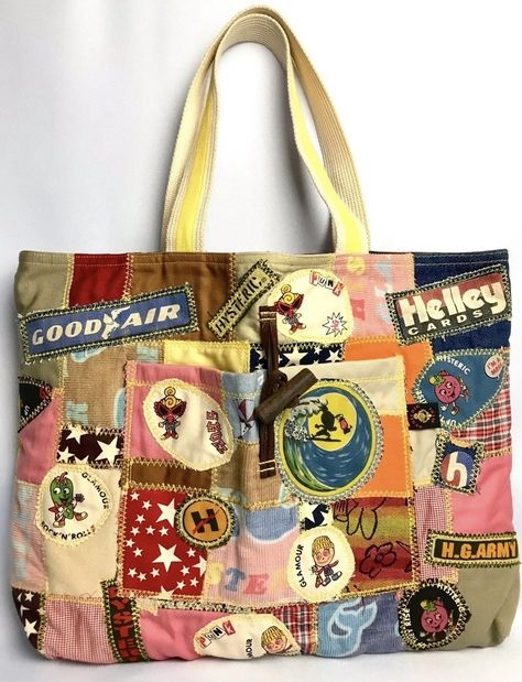 hysteric glamour reversible patchwork bag Patchwork Aesthetic, Upcycled Tote, Patchwork Tote Bags, Reversible Tote Bag, Aesthetic Bags, Leather Patchwork, Reversible Tote, Hysteric Glamour, Bags Aesthetic