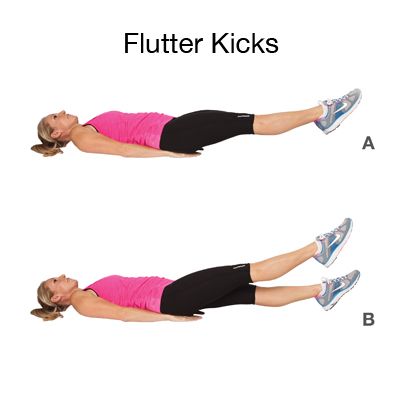 Flutter Kicks. How to do it: Lie flat on your back with your arms tucked slightly under your hips with palms facing down. Lift your feet 6 to 8 inches off the floor. Quickly kick (flutter) your legs up and down, raising and lowering your feet only a few inches. Note: to make the exercise easier, raise your legs up higher than the 6 to 8 inches. To make the exercise more difficult, keep your feet closer to the ground. Tennis Exercises, Belly Workouts, Bigger Hips Workout, Beginner Workouts, Lose Arm Fat, Gymnastics Videos, Fat Burning Tips, Flutter Kicks, Tennis Workout