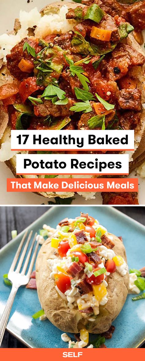 Baked potatoes are super easy to make. Just pop them in the oven with your toppings and you're done! Try these vegan, vegetarian, gluten-free, and paleo baked potato recipes, made with classic Russet potatoes or sweet potatoes for a twist. These healthy meals are perfect for meal and can be made in an hour or less! Healthy Baked Potato Recipes, Healthy Baked Potato, Meals Potato, Potato Recipe For Kids, Healthy Baked Potatoes, Baked Potato Dinner, Potato Recipes Crockpot, Russet Potato Recipes, Vegan Baked Potato