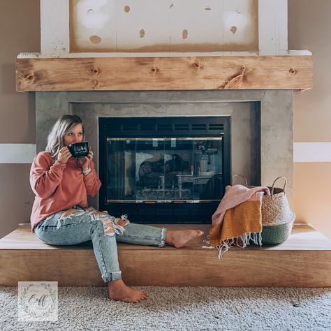 Build A Mantle Over Brick, How To Make Built Ins Around Fireplace, Pine Fireplace Mantle, Fireplace With Wood Storage On Sides, Fireplace Mantle With Tv, Wrap Around Mantle Fireplace, Big Mantle, Build A Mantle, Rancher Remodel