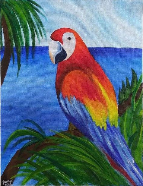 Parrot Painting Acrylic Easy, Summer Simple Paintings, Parrot Painting Easy, Nature Painting Ideas Easy, Animal Paintings Easy, Hummingbird Art Drawing, Bird Acrylic Painting, فن النسيج, Parrot Drawing