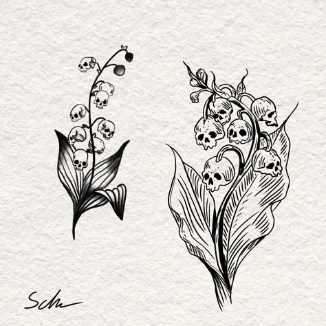 Lily Skull Tattoo, May Tattoo Ideas Birth Month, Tattoo Front, Lily Of The Valley Tattoo, Valley Tattoo, Tattoos Sketches, Tattoo Themes, Muster Tattoos, Arte Peculiar