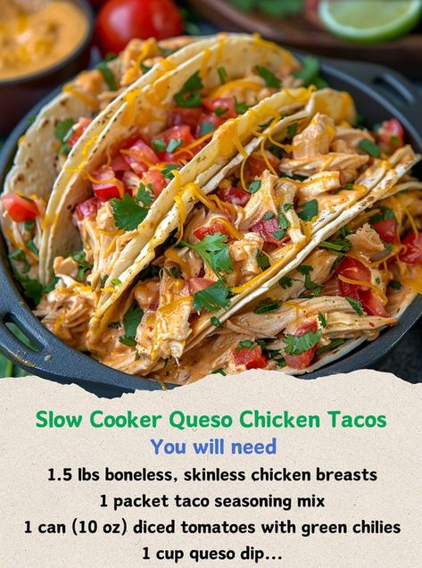 Alexander's Recipes Queso Chicken Tacos, Slow Cooker Queso Chicken, Slow Cooker Queso, Queso Sauce, Queso Chicken, Slow Cooker Ideas, Crock Pot Dinners, Chicken Taco Recipes, Taco Ingredients