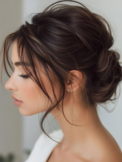 Messy Bun Styles for Short Hair: Effortless and Chic Looks for 2024 Hair Up On Short Hair, Bride Hair Updo Elegant, Messy Bun For Short Hair Wedding, Hairstyles Bun For Short Hair, Bob Up Do Hairstyles, Bridesmaid Updo For Short Hair, Messy Updo Medium Hair, Messy Hair Bun For Short Hair, Wedding Messy Bun Hairstyles