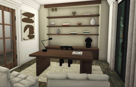 Aesthetic Office Bloxburg, Bloxburg Study Room Ideas Modern, Bloxburg Small Office Ideas, Small Office Bloxburg, Blox Burg Office Ideas, Blockburg Office Ideas, Desk Area Bloxburg, Modern Office Design Bloxburg, Bloxburg Home Office Ideas