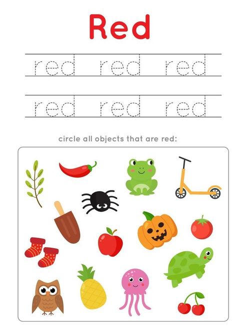 Color For Preschool, Kids Writing Practice, Color Red Activities, Red Word, Preschool Color Activities, Color Worksheets For Preschool, Kids Handwriting Practice, Color Flashcards, Writing Practice Worksheets