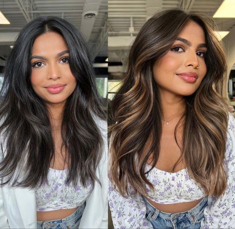 Level 2 Hair Color Balayage, Layers With Colored Hair, Highlights Layers Brown Hair, Blonde For Indian Skin, Caramel Face Framing Highlights On Dark Hair, Hair Colour For Layered Hair, Dyed Hair For Indian Women, Balayage Hair For Tan Skin Tone, Hair Colour That Suits Indian Skin